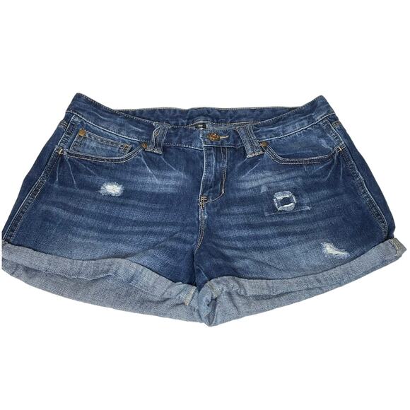 Gap Women’s Size 10 Factory Distressed Roll Hem Denim Shorts Dark Wash Mid Rise - Picture 5 of 11